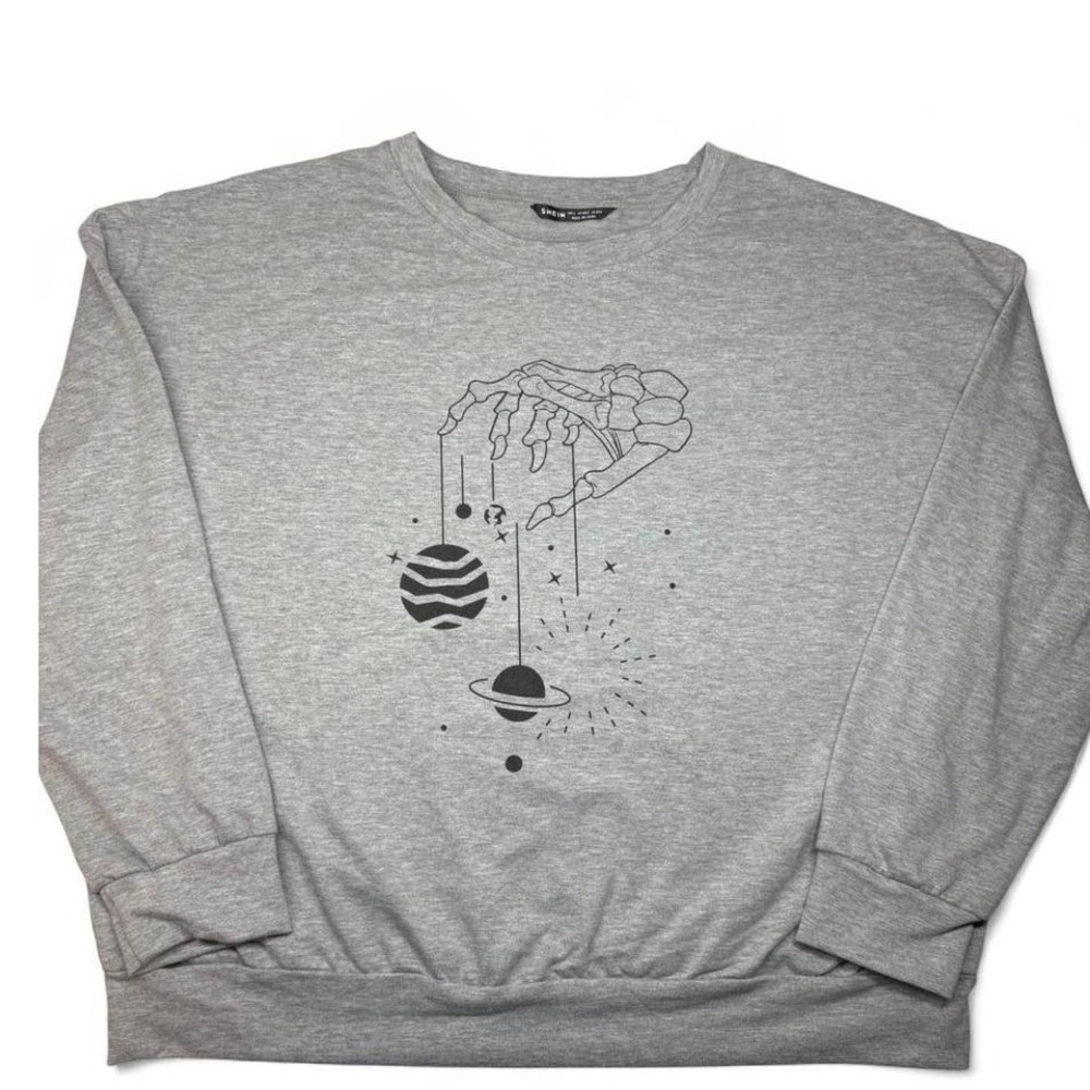 Grey Skeleton Hand Planet Graphic Crewneck Sweatshirt Womens Large Whimsigoth